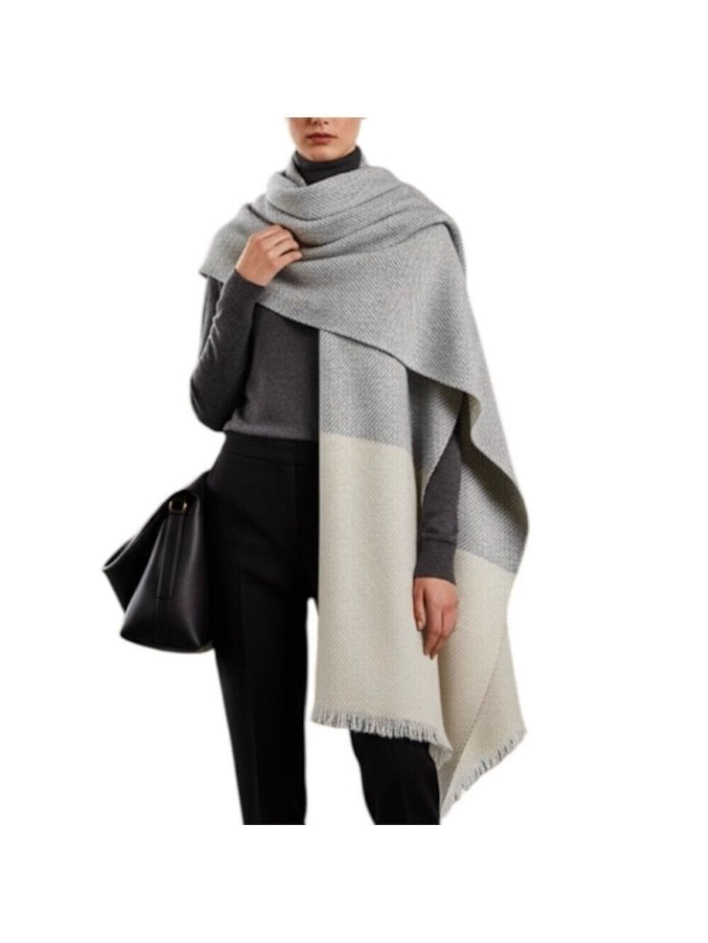 Minimalist cream grey herringbone large blanket scarf wrap shawl 70 X 78